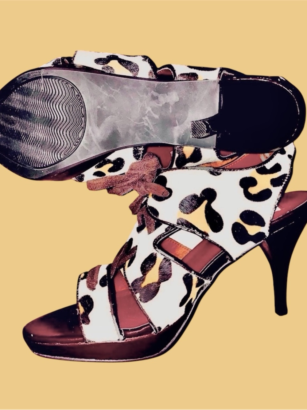 A J Valenci Lace Up Heels Open Toe Cow Print Leather Upper 7.5 Like New